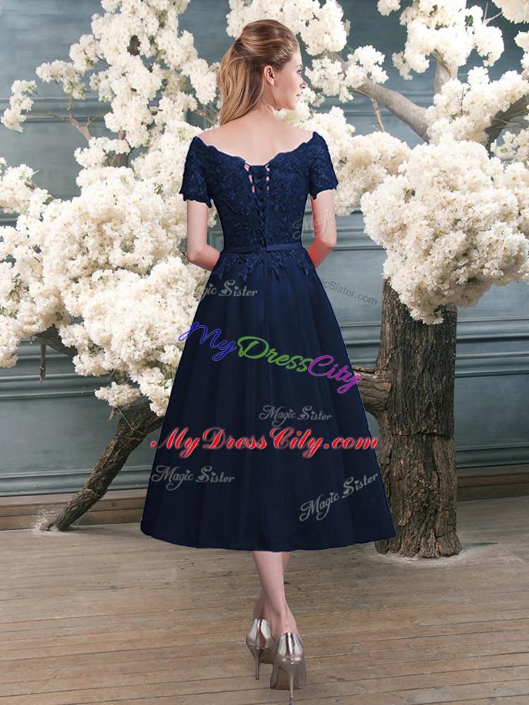 Low Price Navy Blue Short Sleeves Tea Length Lace Zipper Prom Dresses