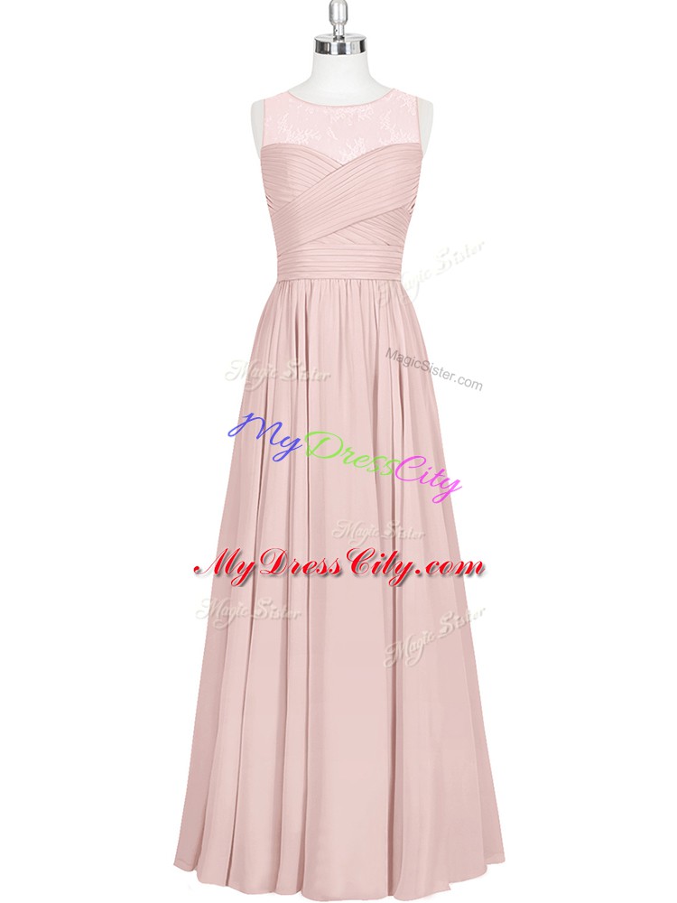 Enchanting Baby Pink Chiffon Zipper Scoop Sleeveless Floor Length Prom Evening Gown Ruching