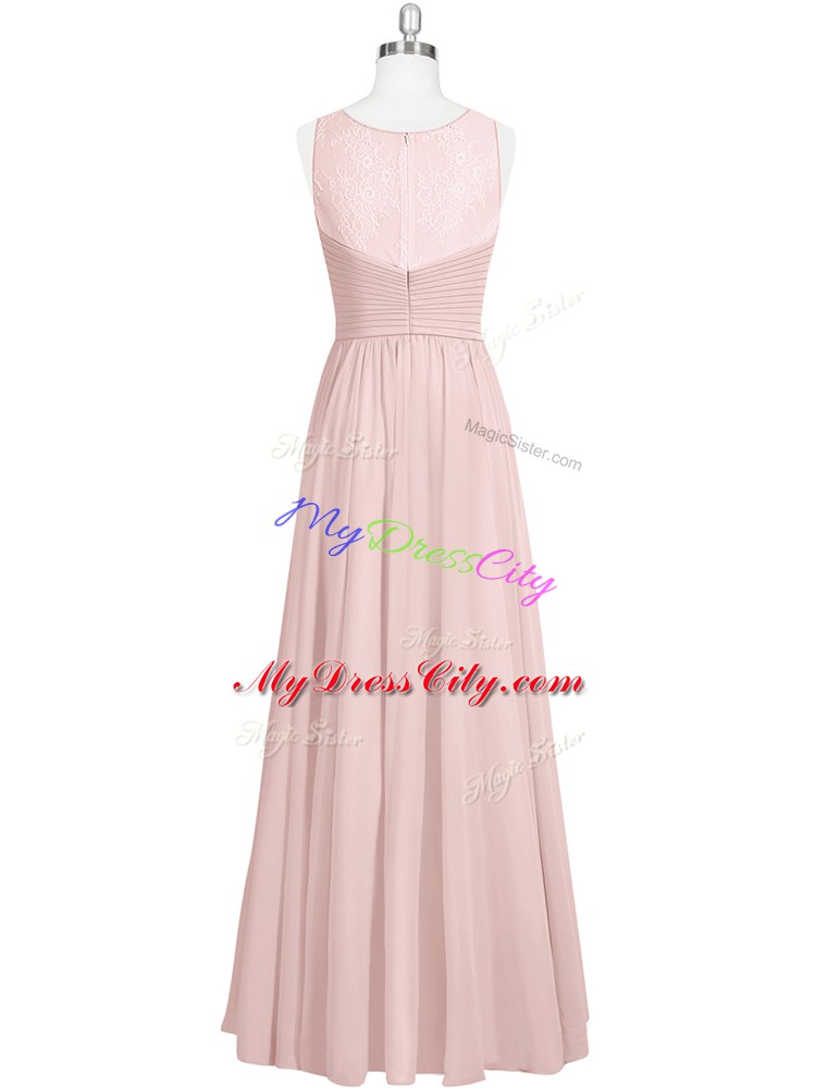 Enchanting Baby Pink Chiffon Zipper Scoop Sleeveless Floor Length Prom Evening Gown Ruching