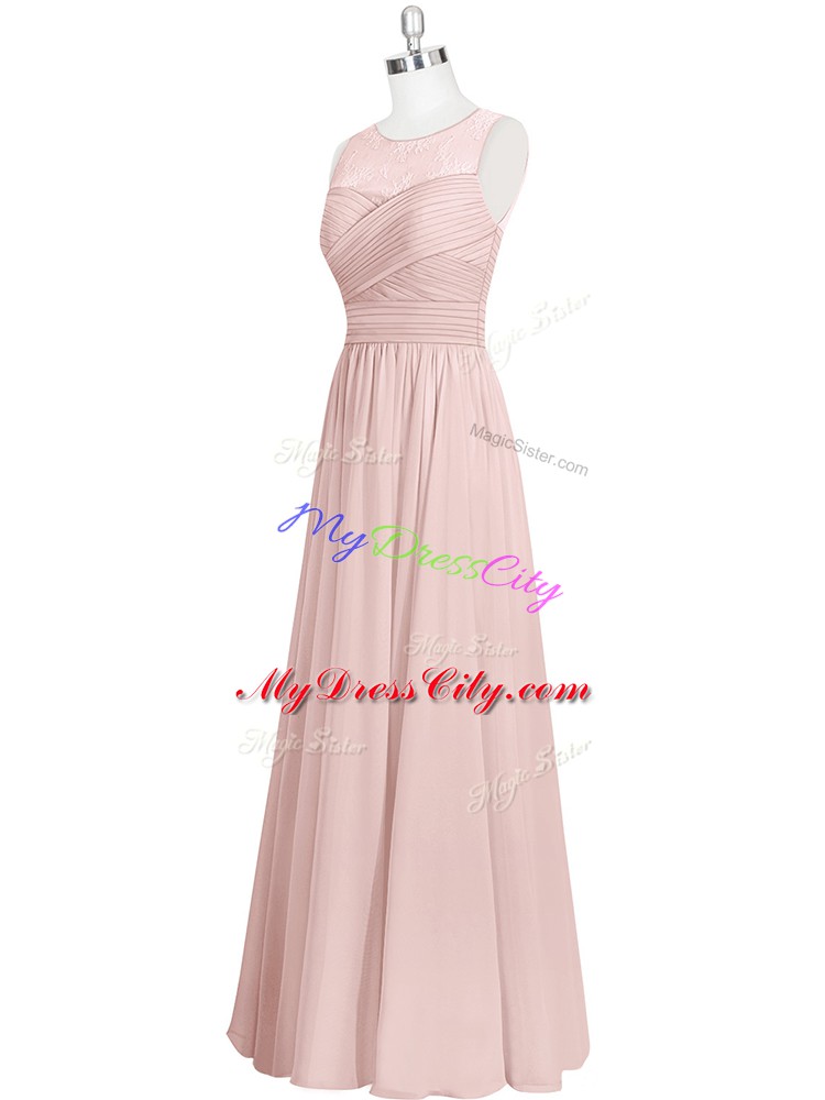 Enchanting Baby Pink Chiffon Zipper Scoop Sleeveless Floor Length Prom Evening Gown Ruching