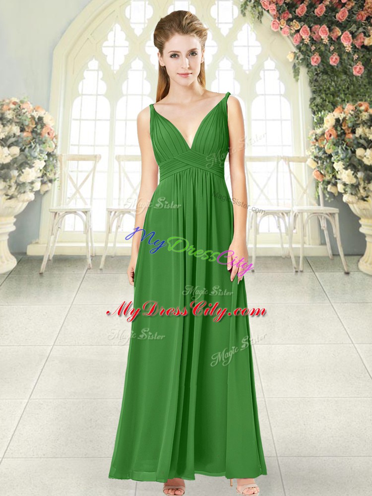 Chiffon V-neck Sleeveless Backless Ruching Dress for Prom in Green