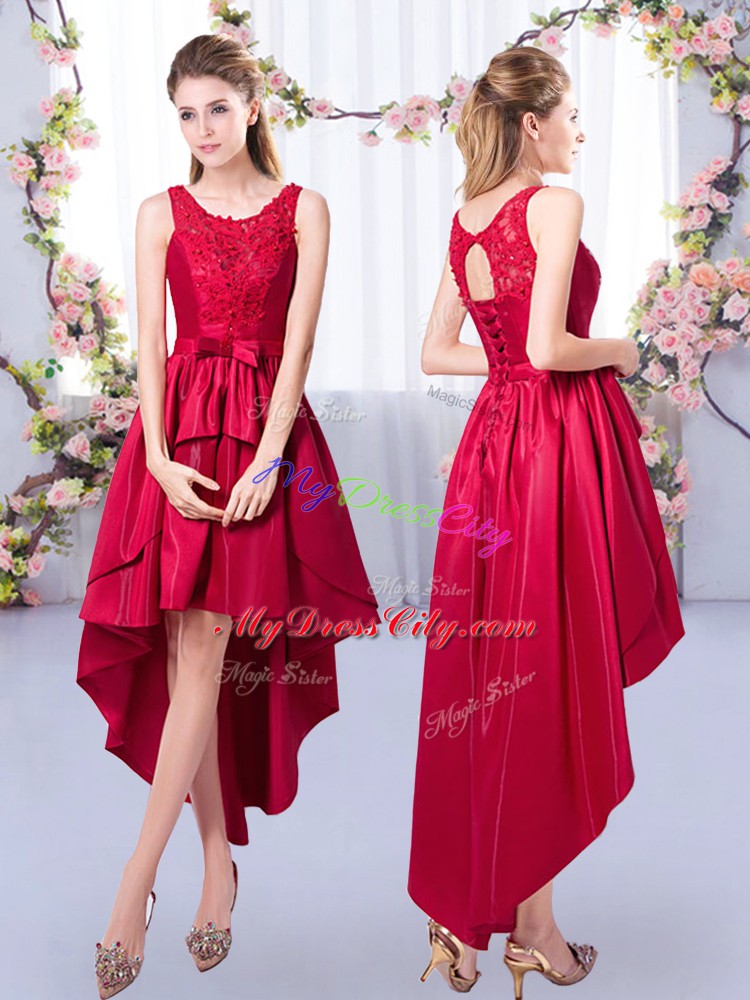 Deluxe Satin Sleeveless High Low Bridesmaid Dresses and Appliques