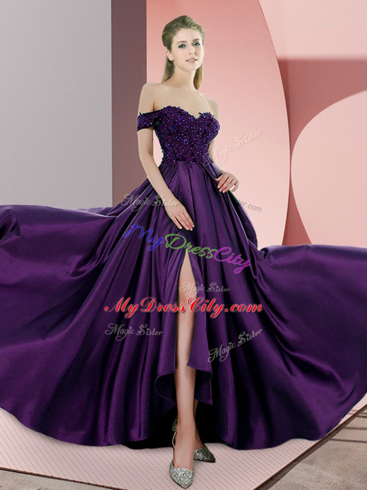 New Style Purple Elastic Woven Satin Backless Off The Shoulder Sleeveless Going Out Dresses Sweep Train Beading and Lace