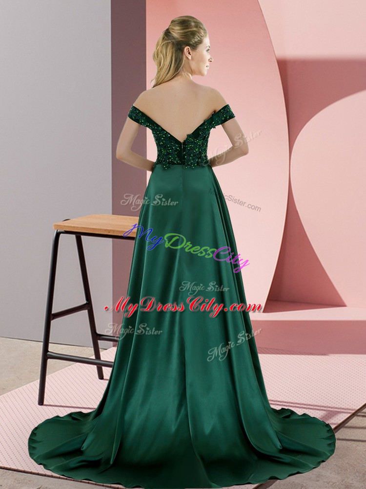 New Style Purple Elastic Woven Satin Backless Off The Shoulder Sleeveless Going Out Dresses Sweep Train Beading and Lace