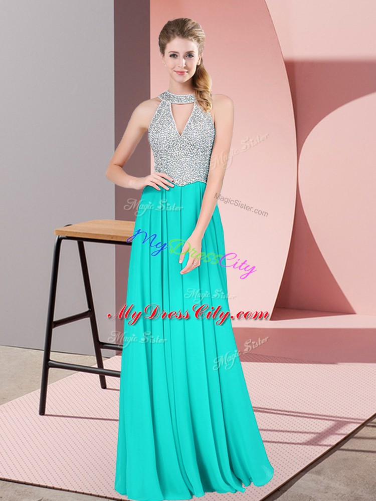 Trendy Beading and Lace Prom Dress Turquoise Backless Sleeveless Floor Length