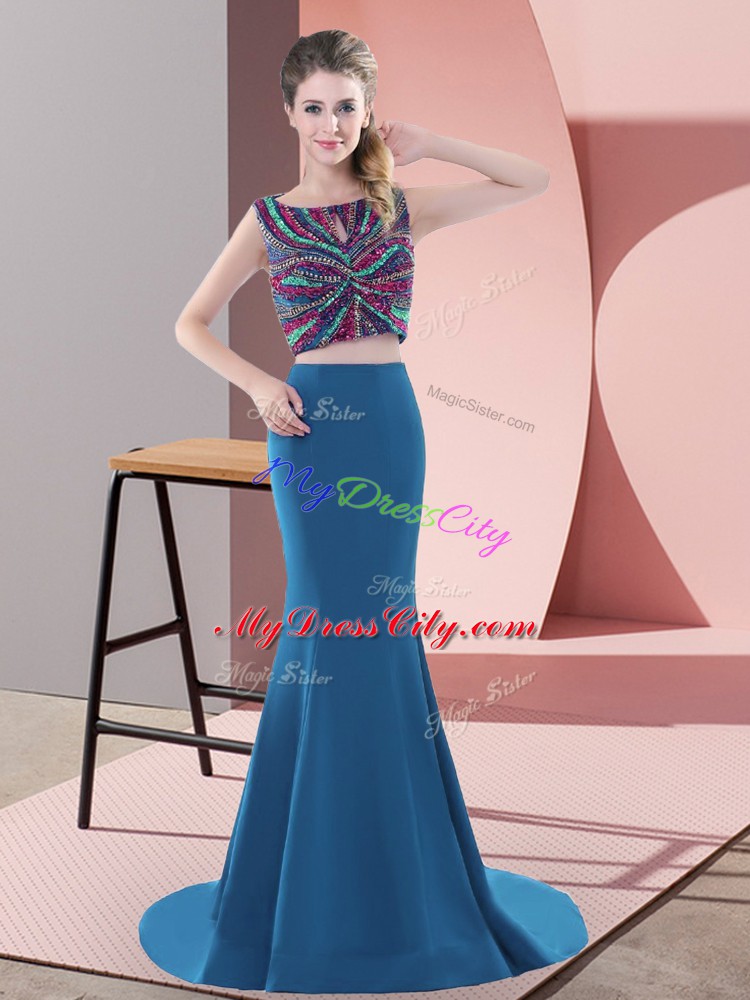 Teal Scoop Backless Beading Homecoming Dress Sweep Train Sleeveless