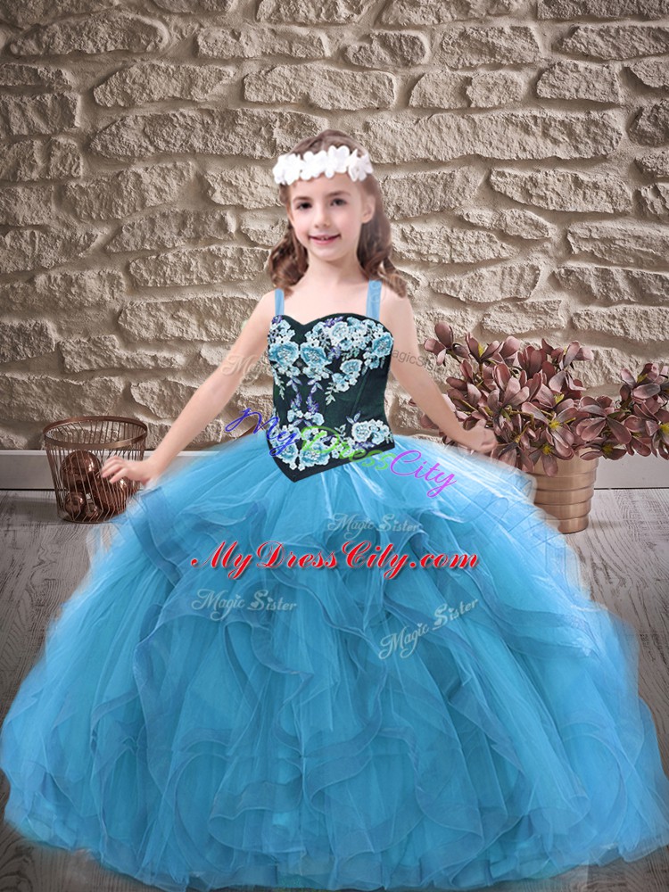 Baby Blue Pageant Dress Womens Party and Wedding Party with Embroidery and Ruffles Straps Sleeveless Lace Up