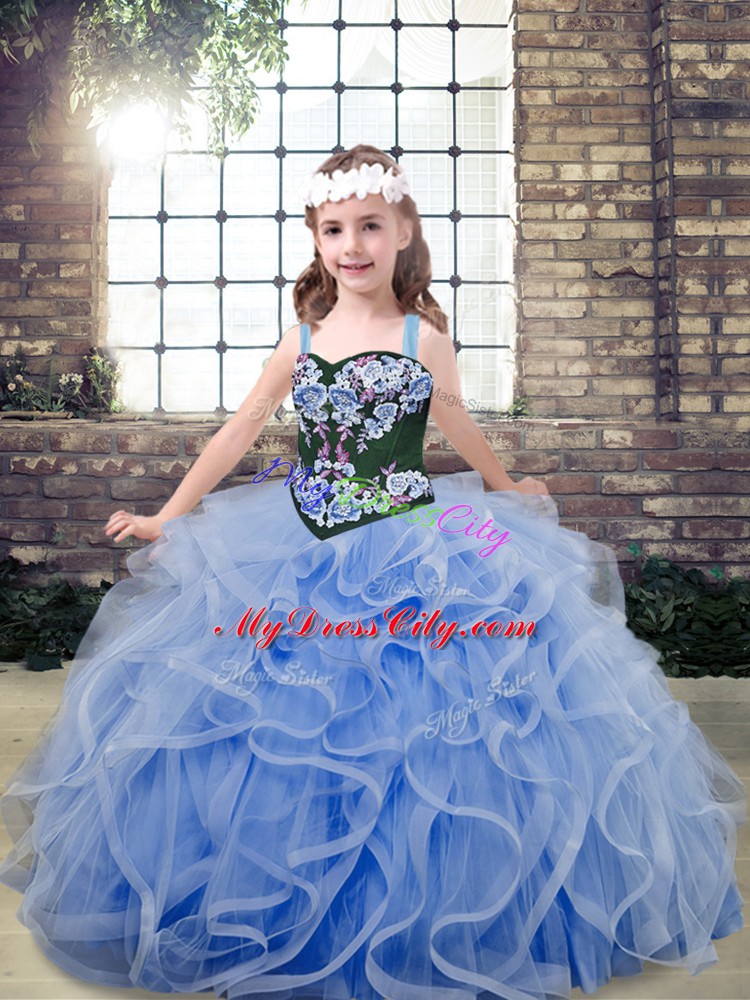 Attractive Light Blue Straps Lace Up Embroidery and Ruffles Glitz Pageant Dress Sleeveless