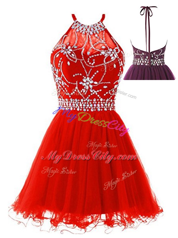 Sleeveless Mini Length Beading Backless Prom Evening Gown with Red