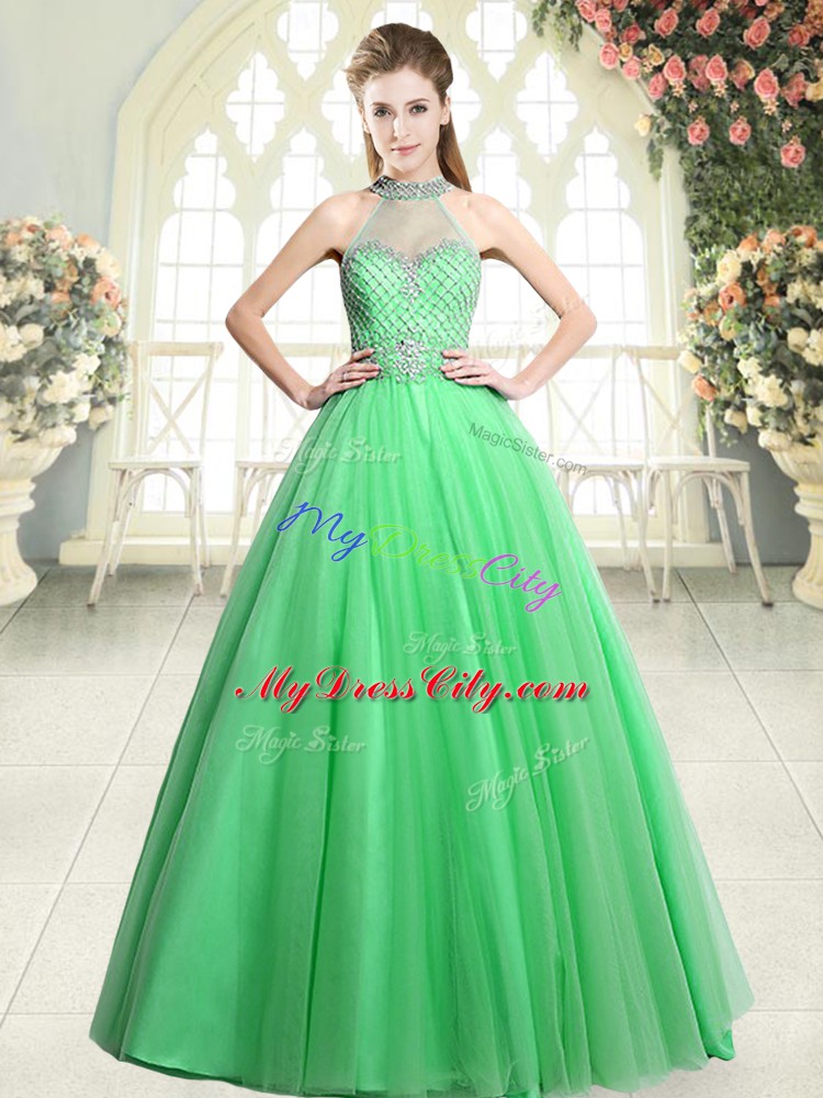 Green A-line Halter Top Sleeveless Tulle Floor Length Zipper Beading Prom Evening Gown