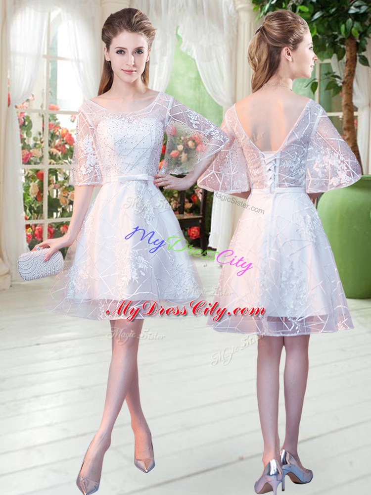 Eye-catching White Scoop Lace Up Beading Prom Dress Half Sleeves