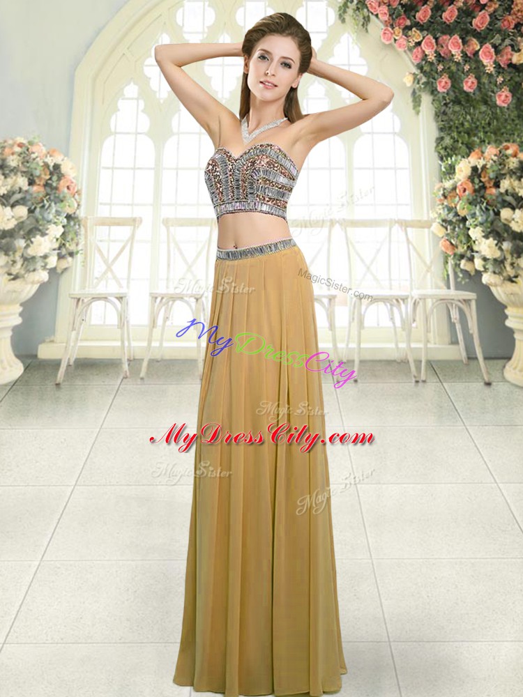 Fashion Sweetheart Sleeveless Evening Dress Floor Length Beading Gold Chiffon