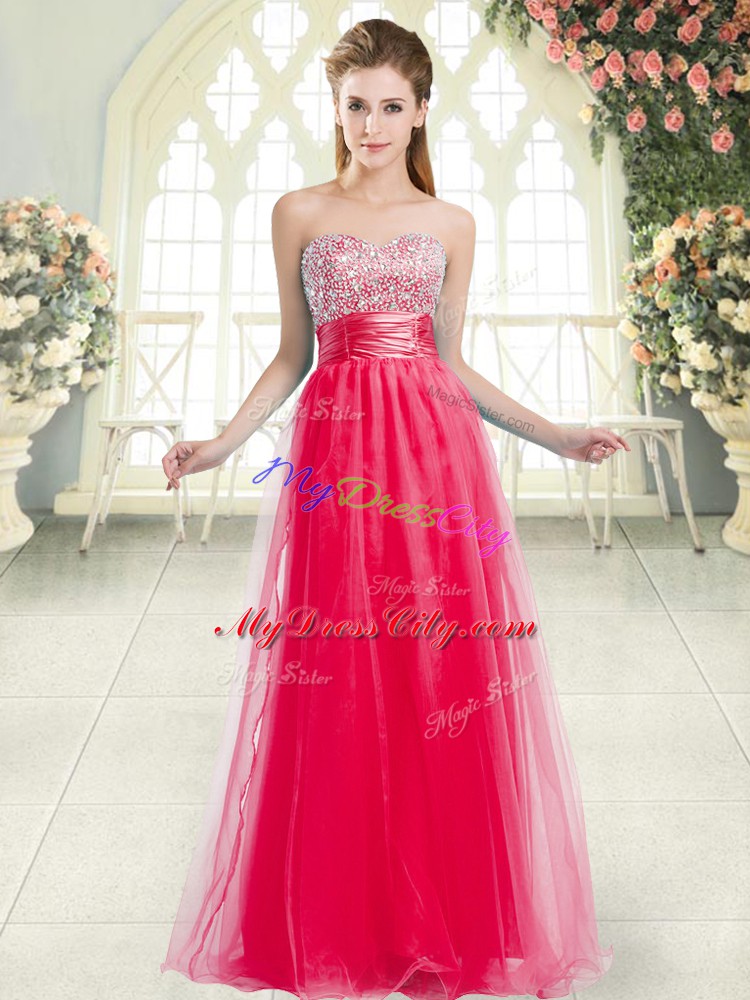 Glorious Coral Red Tulle Lace Up Evening Dresses Sleeveless Floor Length Beading