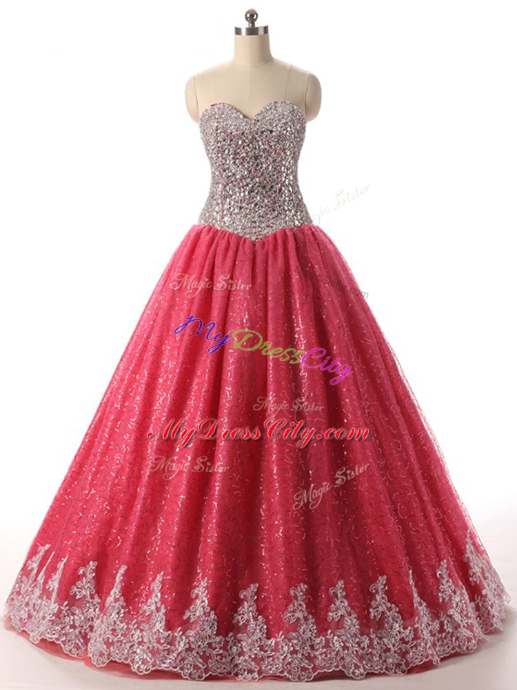 Exceptional Beading and Appliques Ball Gown Prom Dress Coral Red Lace Up Sleeveless Floor Length