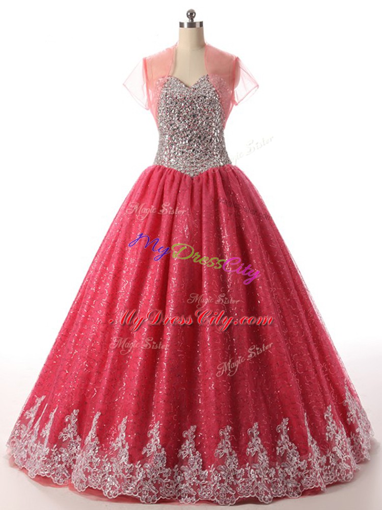 Exceptional Beading and Appliques Ball Gown Prom Dress Coral Red Lace Up Sleeveless Floor Length