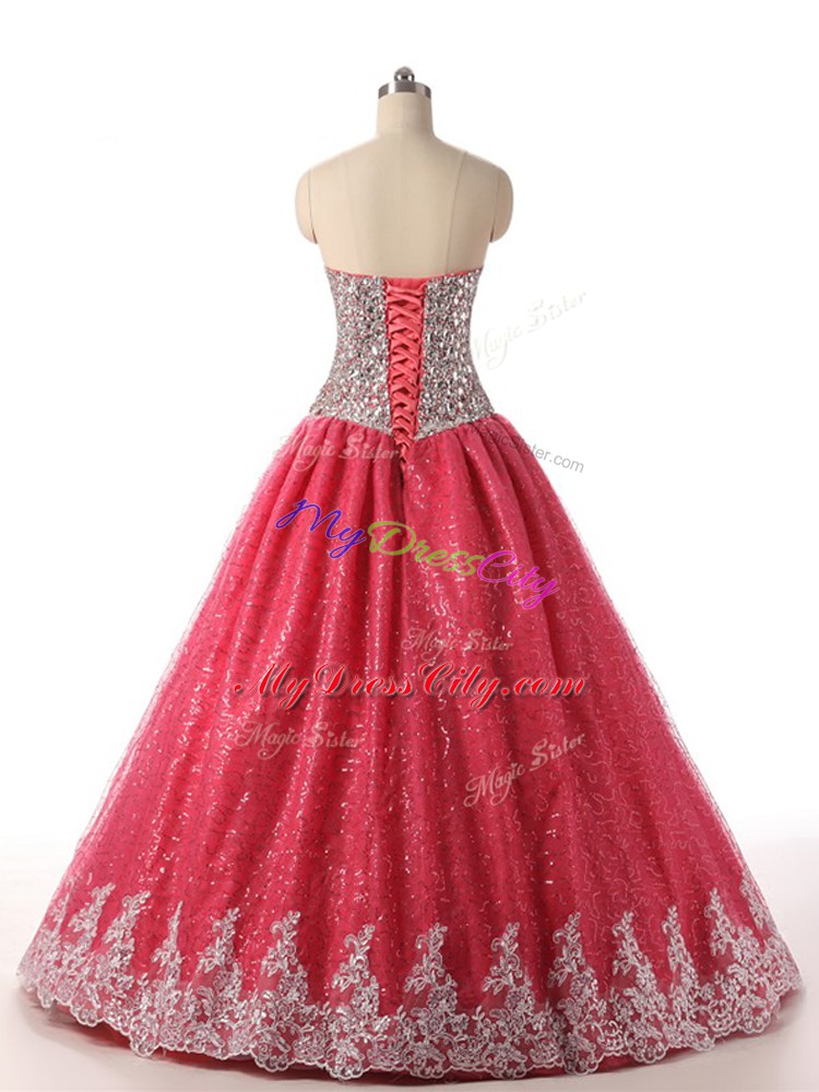 Exceptional Beading and Appliques Ball Gown Prom Dress Coral Red Lace Up Sleeveless Floor Length