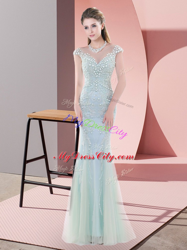 Blue Cap Sleeves Beading Floor Length Evening Dress