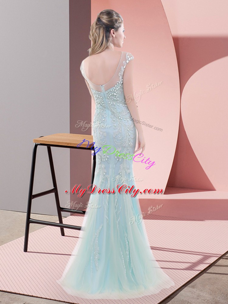 Blue Cap Sleeves Beading Floor Length Evening Dress