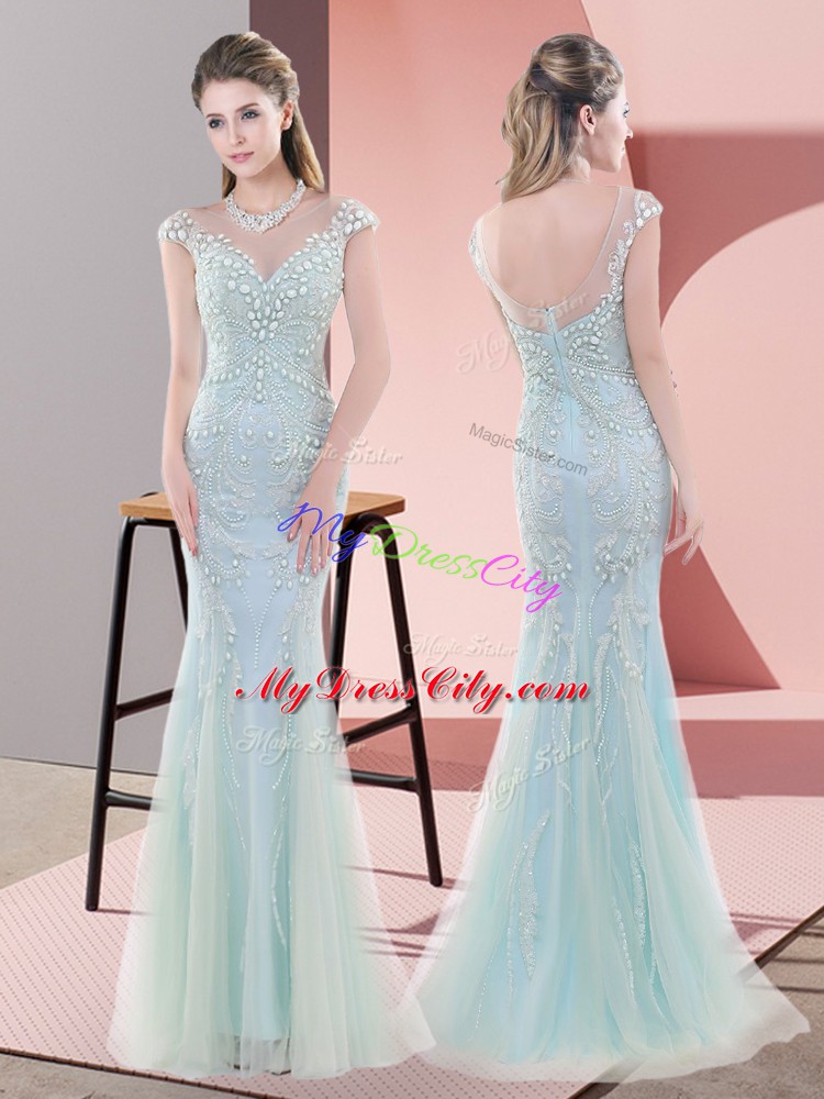 Blue Cap Sleeves Beading Floor Length Evening Dress