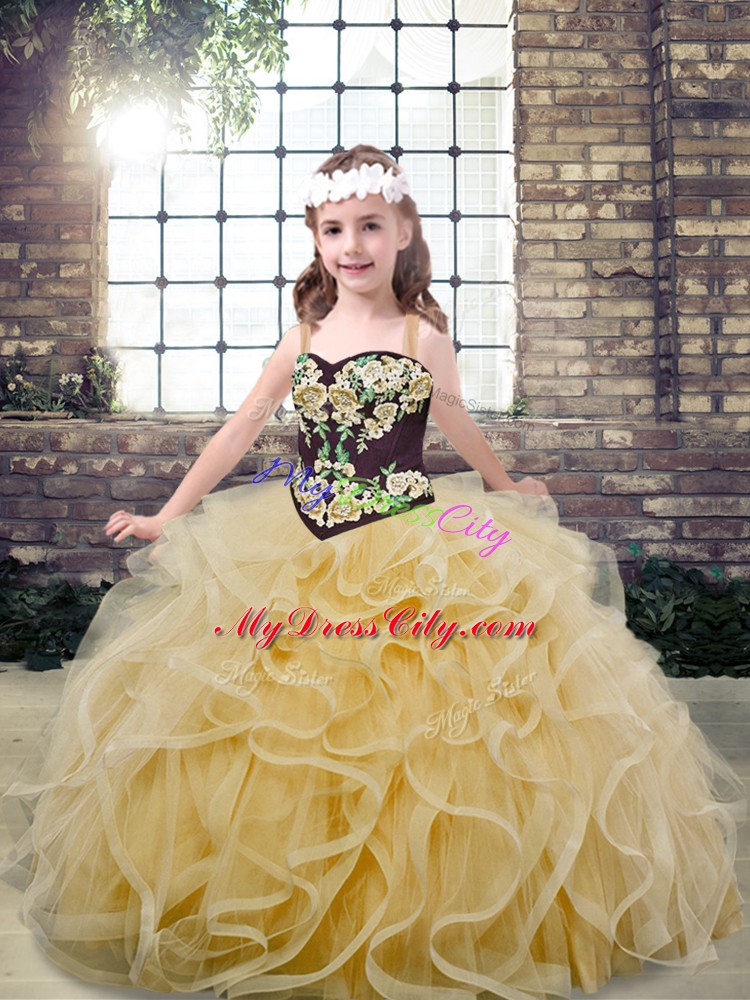 Superior Straps Sleeveless Tulle Pageant Gowns Embroidery and Ruffles Lace Up