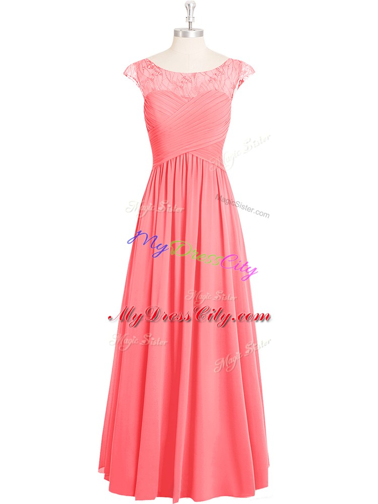 Pink Chiffon Zipper Prom Gown Cap Sleeves Floor Length Lace