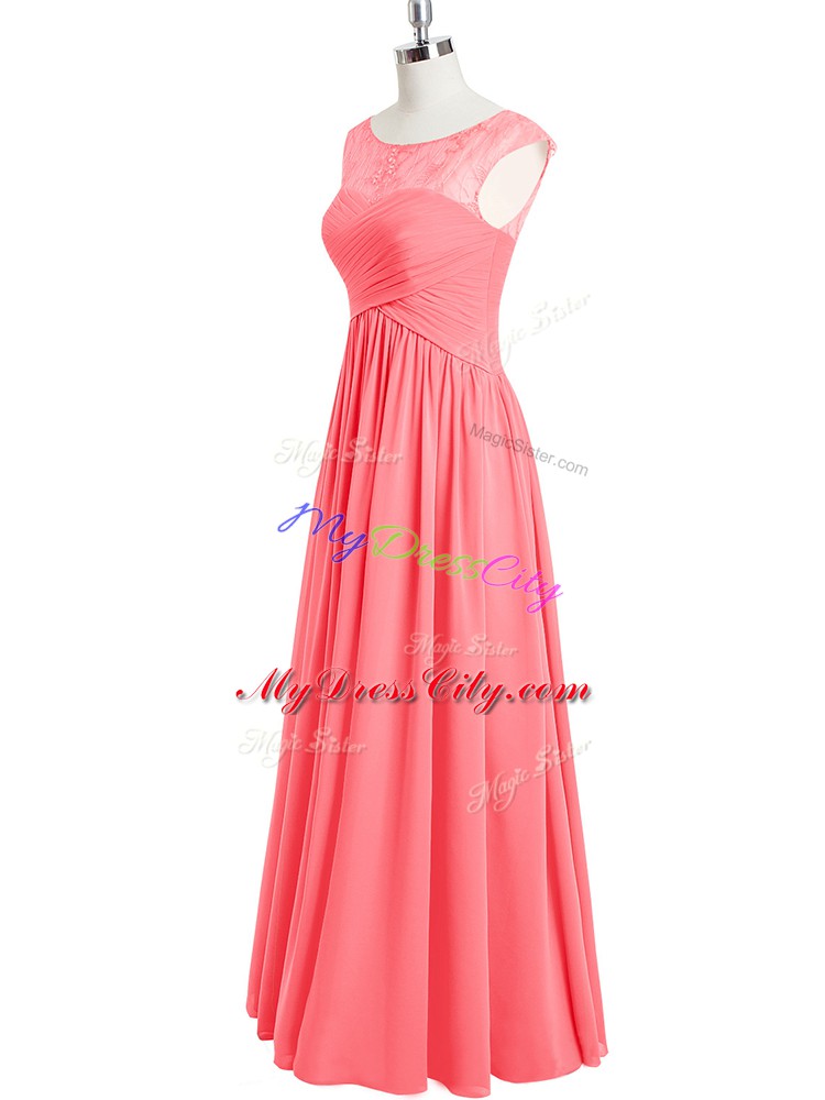 Pink Chiffon Zipper Prom Gown Cap Sleeves Floor Length Lace