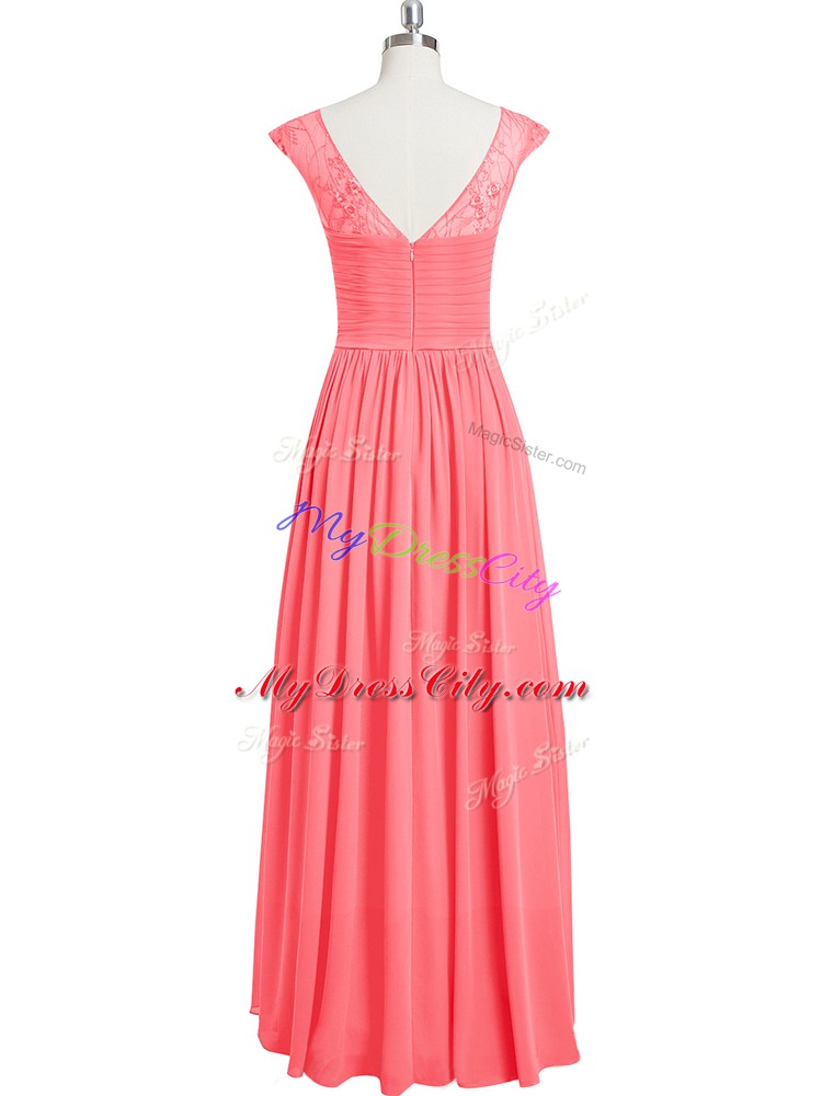 Pink Chiffon Zipper Prom Gown Cap Sleeves Floor Length Lace