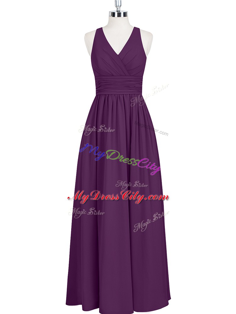 Sophisticated V-neck Sleeveless Prom Dresses Floor Length Ruching Eggplant Purple Chiffon