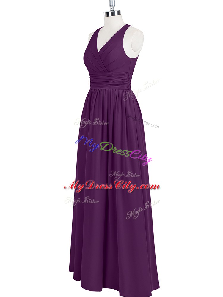 Sophisticated V-neck Sleeveless Prom Dresses Floor Length Ruching Eggplant Purple Chiffon