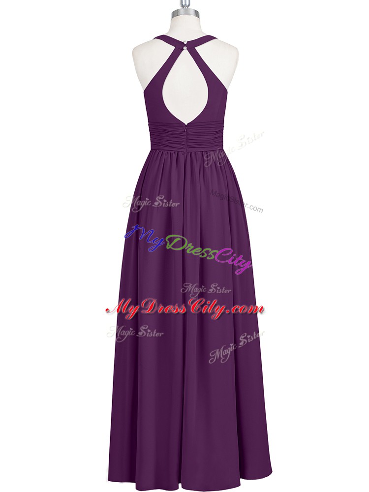 Sophisticated V-neck Sleeveless Prom Dresses Floor Length Ruching Eggplant Purple Chiffon