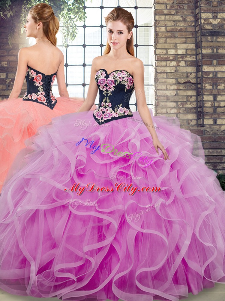 Lilac Ball Gowns Sweetheart Sleeveless Tulle Floor Length Sweep Train Lace Up Embroidery and Ruffles Sweet 16 Quinceanera Dress