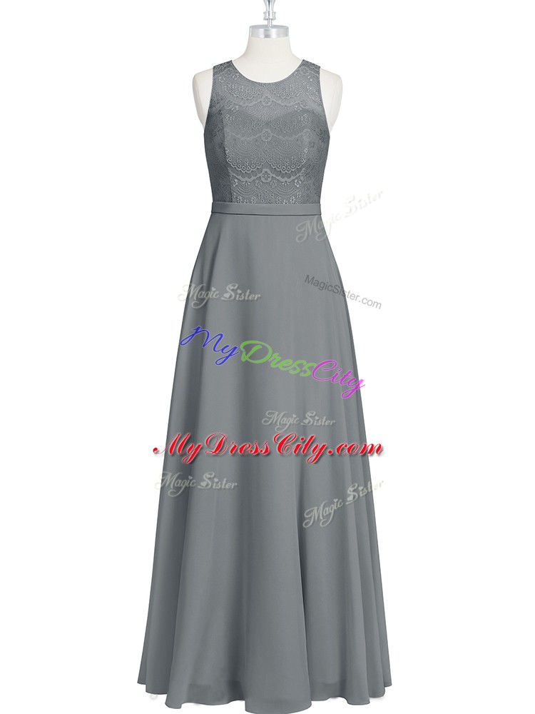 Enchanting Grey Sleeveless Floor Length Lace and Appliques and Belt Zipper Prom Evening Gown