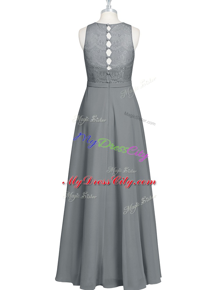 Enchanting Grey Sleeveless Floor Length Lace and Appliques and Belt Zipper Prom Evening Gown