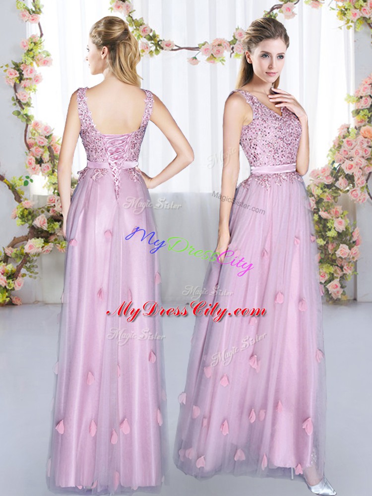 Stunning Sleeveless Lace Up Floor Length Beading and Appliques Damas Dress