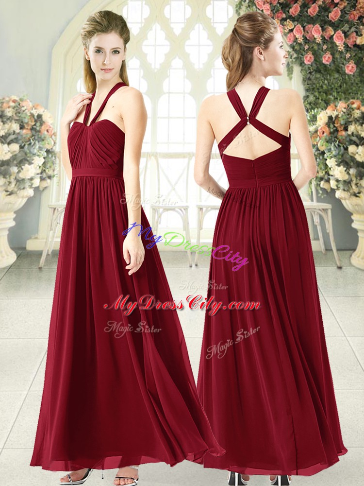 Great Burgundy Halter Top Backless Ruching Formal Evening Gowns Sleeveless