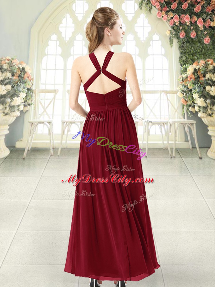 Great Burgundy Halter Top Backless Ruching Formal Evening Gowns Sleeveless