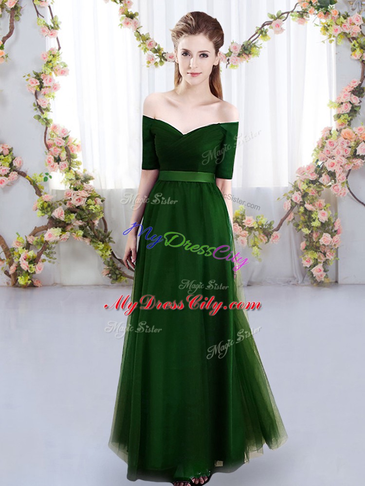 Green Empire Ruching Bridesmaid Gown Lace Up Tulle Short Sleeves Floor Length