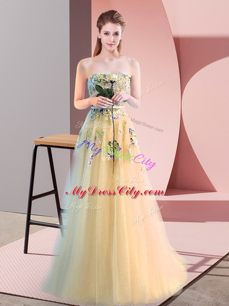 Simple Light Yellow Lace Up Appliques Sleeveless Floor Length