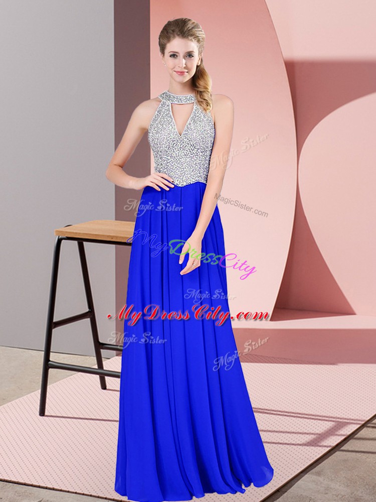 Simple Scoop Sleeveless Floor Length Beading Royal Blue Chiffon