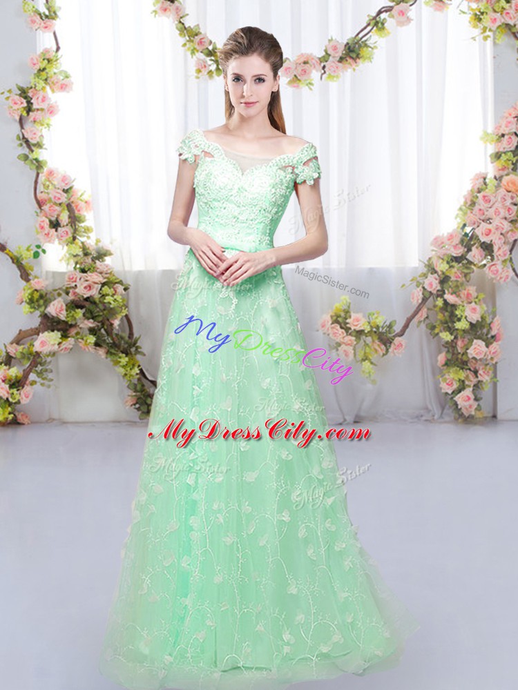 Stunning Off The Shoulder Cap Sleeves Lace Up Bridesmaids Dress Apple Green Tulle