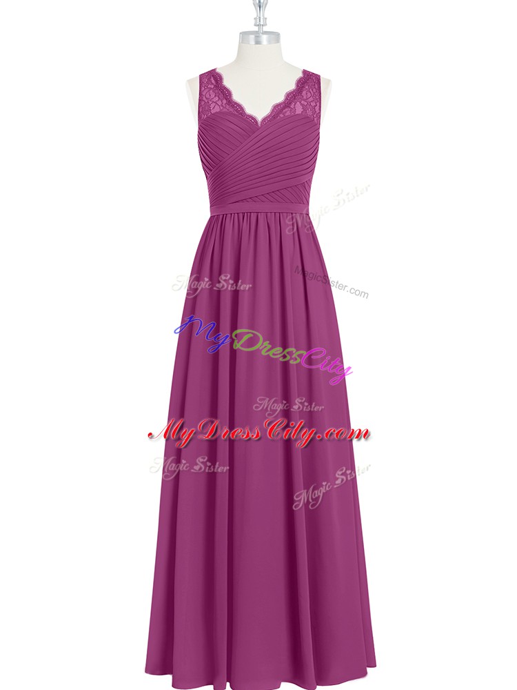 High Class Fuchsia Sleeveless Lace and Ruching Floor Length