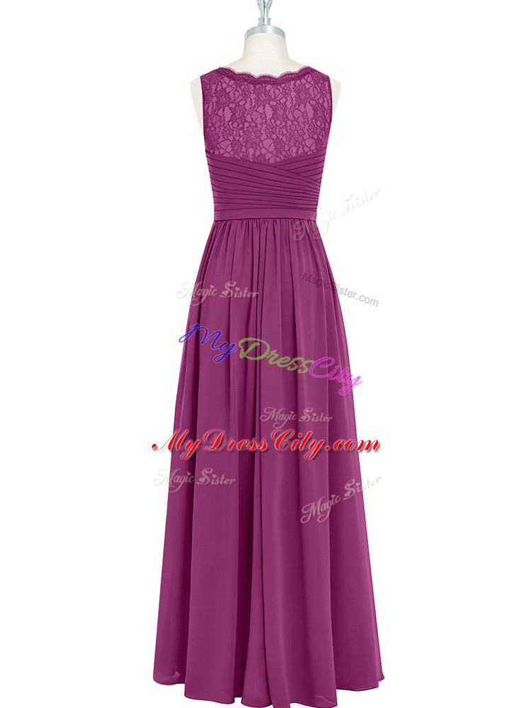 High Class Fuchsia Sleeveless Lace and Ruching Floor Length