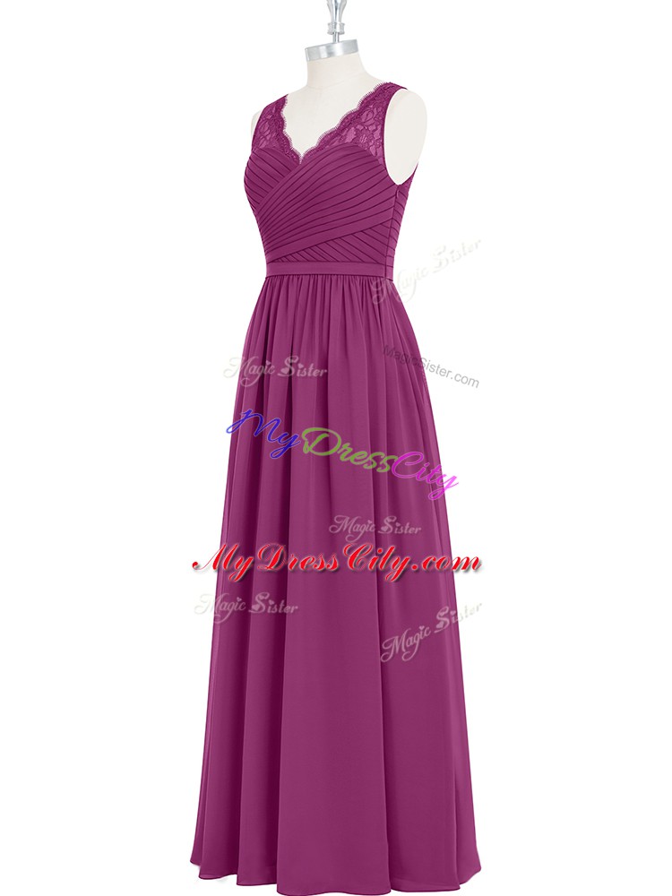 High Class Fuchsia Sleeveless Lace and Ruching Floor Length