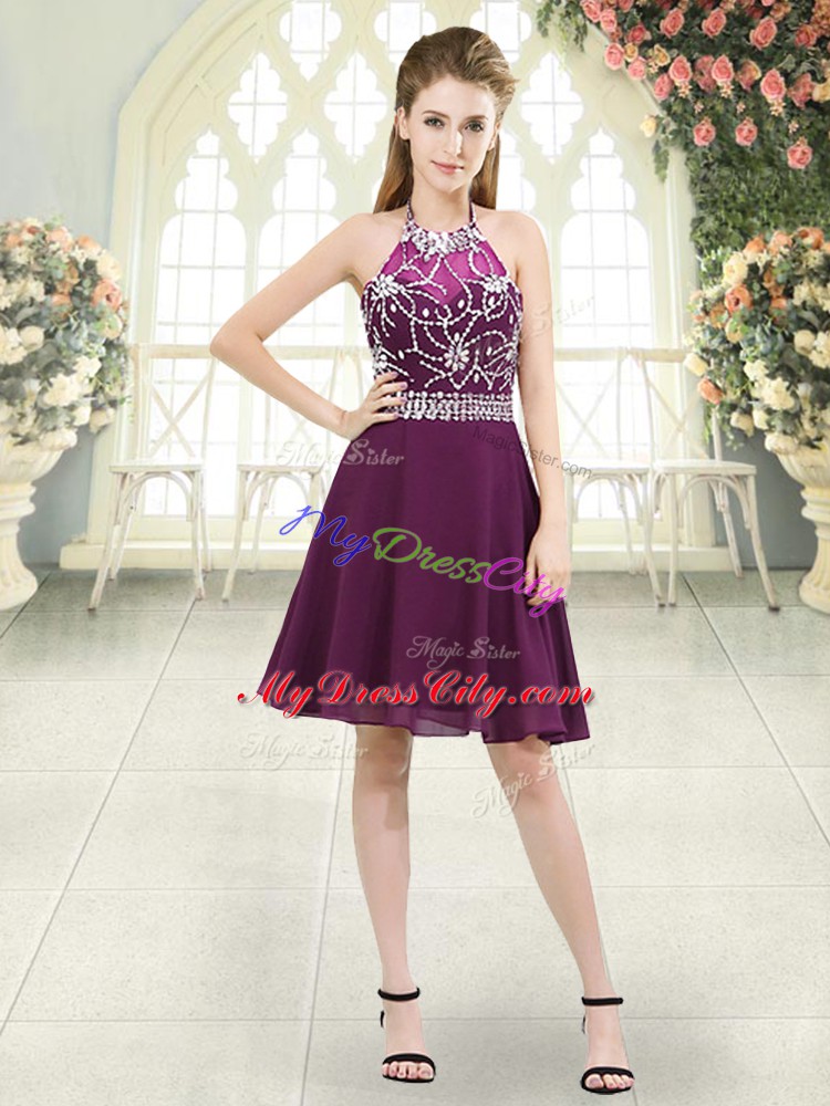 Flirting Purple Chiffon Zipper Halter Top Sleeveless Knee Length Homecoming Dress Beading