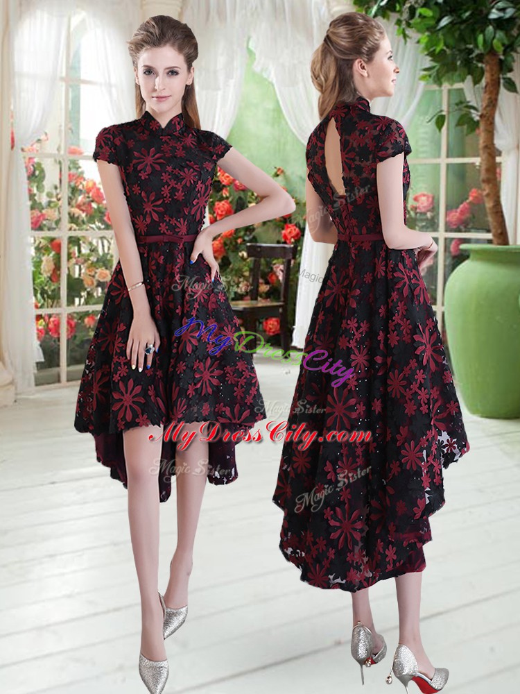 Spectacular Lace High-neck Short Sleeves Zipper Appliques Evening Dress in Red And Black