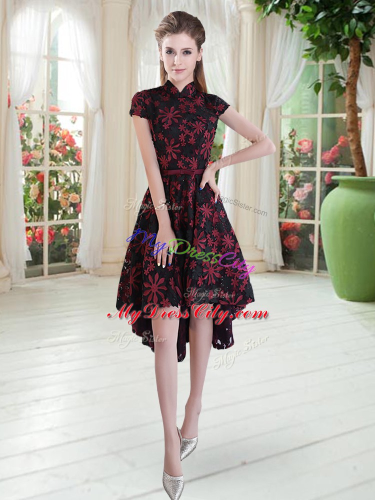 Spectacular Lace High-neck Short Sleeves Zipper Appliques Evening Dress in Red And Black