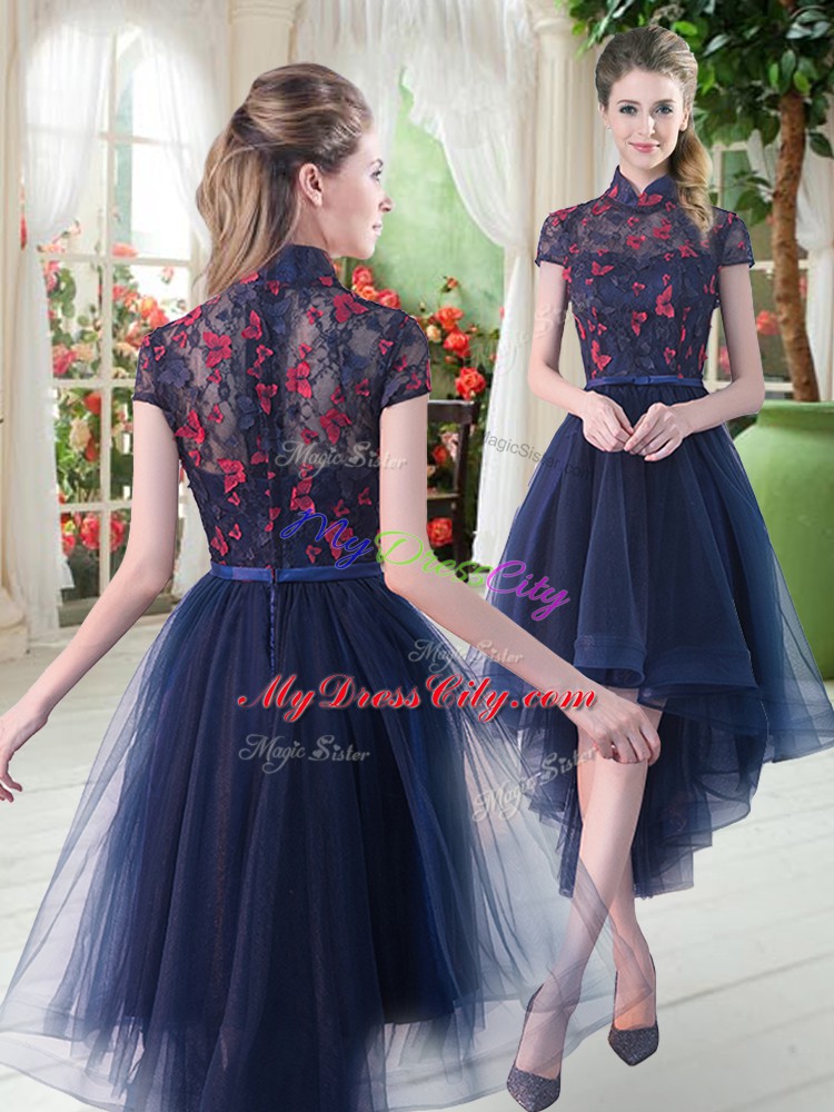 High Low A-line Short Sleeves Navy Blue Dress for Prom Zipper