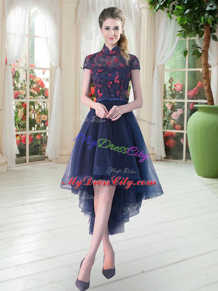 High Low A-line Short Sleeves Navy Blue Dress for Prom Zipper