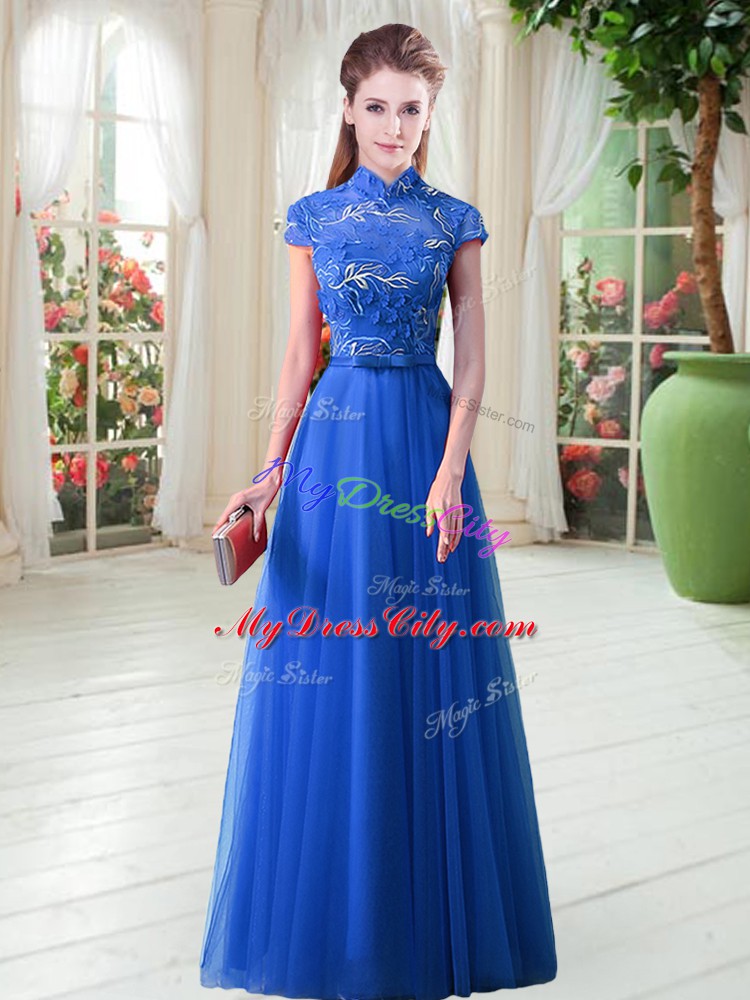 Adorable Royal Blue A-line Appliques Dress for Prom Lace Up Tulle Cap Sleeves Floor Length