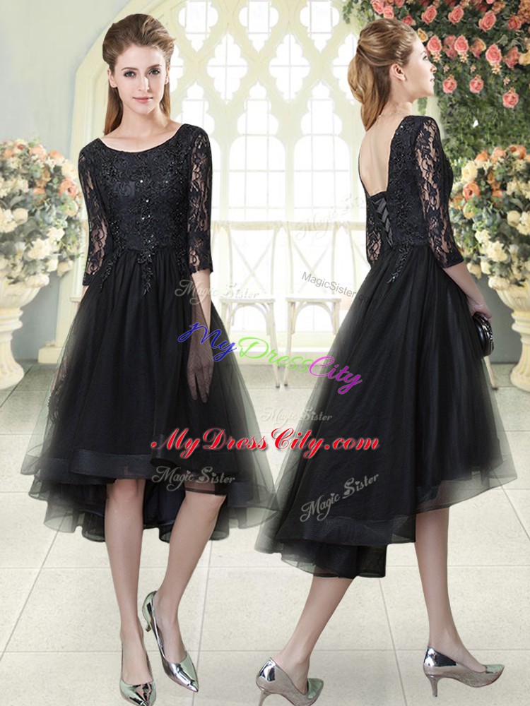 Clearance Scoop Half Sleeves Lace Up Black Tulle